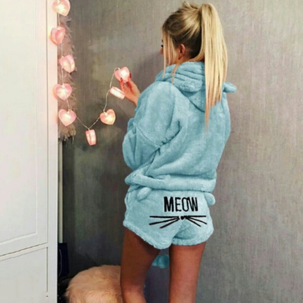⭐Fuzzy soft pj hoodie booty short set cat blue⭐